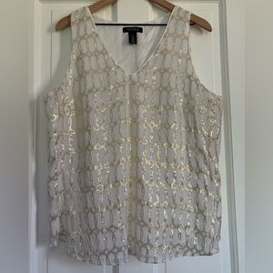 White House Black Market Gold White Sleeveless Top Metallic Shimmer Silk XL